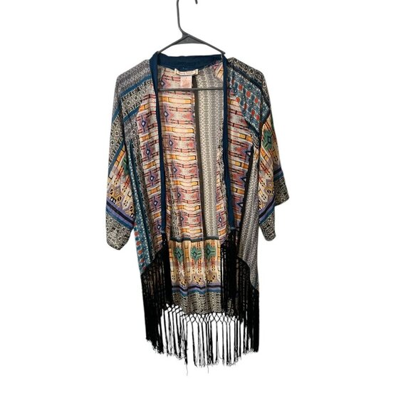 Flying Tomato Womens Multicolor Boho Kimono Cardigan W/ Fringe Hem Small - Picture 1 of 4